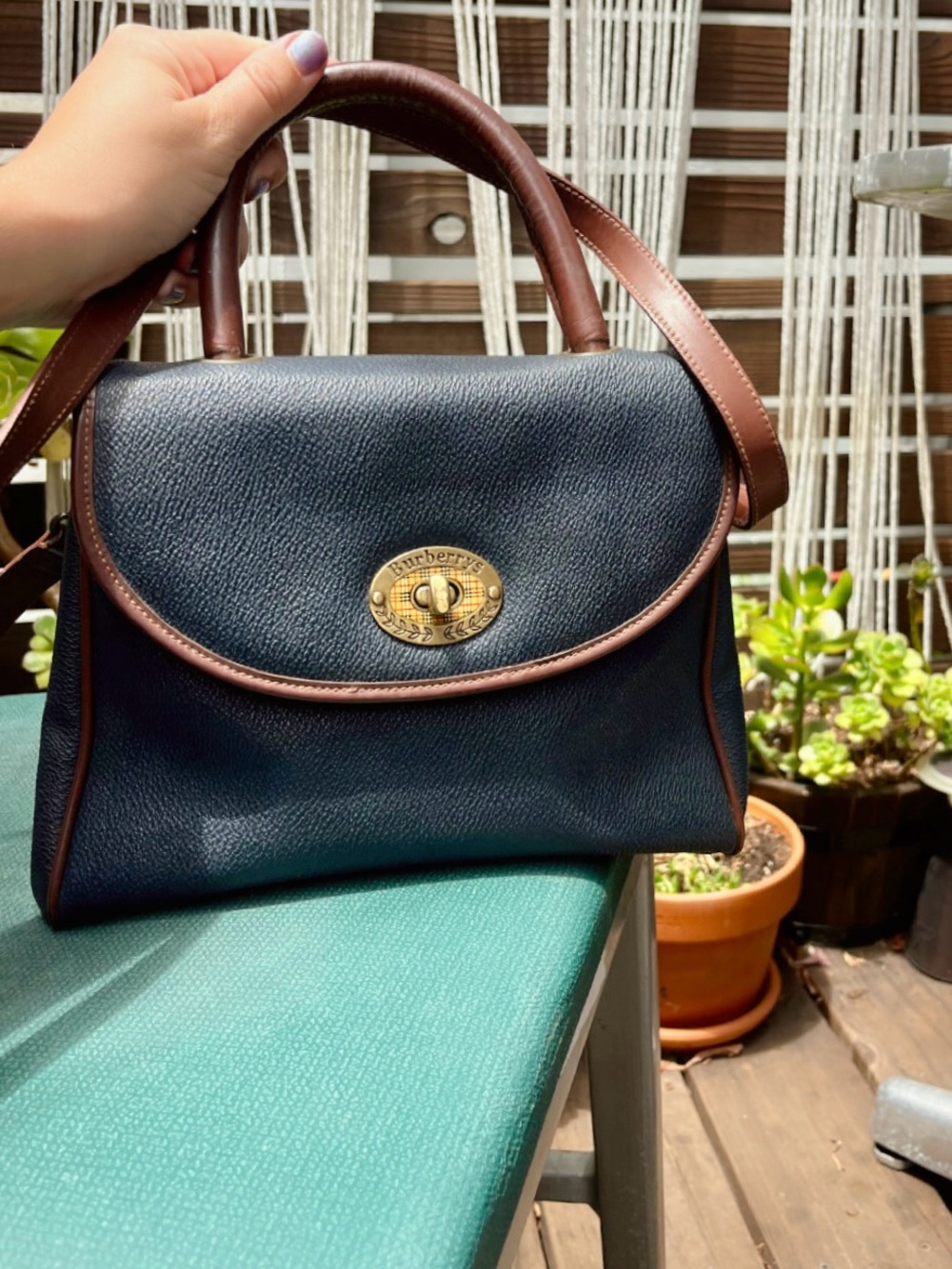 Vintage Burberry - Navy with Brown Trim Leather Shoulder bag